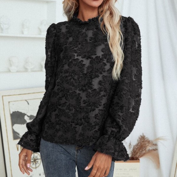 Red Floral Ruffle Sleeve Blouse Top Work Shabby Chic - Picture 9 of 10